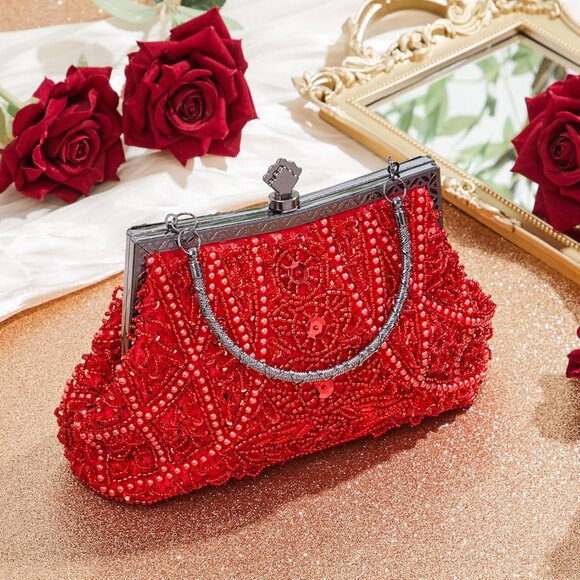 ⚡ Women's Red Rhinestones Vintage Beaded Satin Lining Evening Clutch Bag - Picture 2 of 7